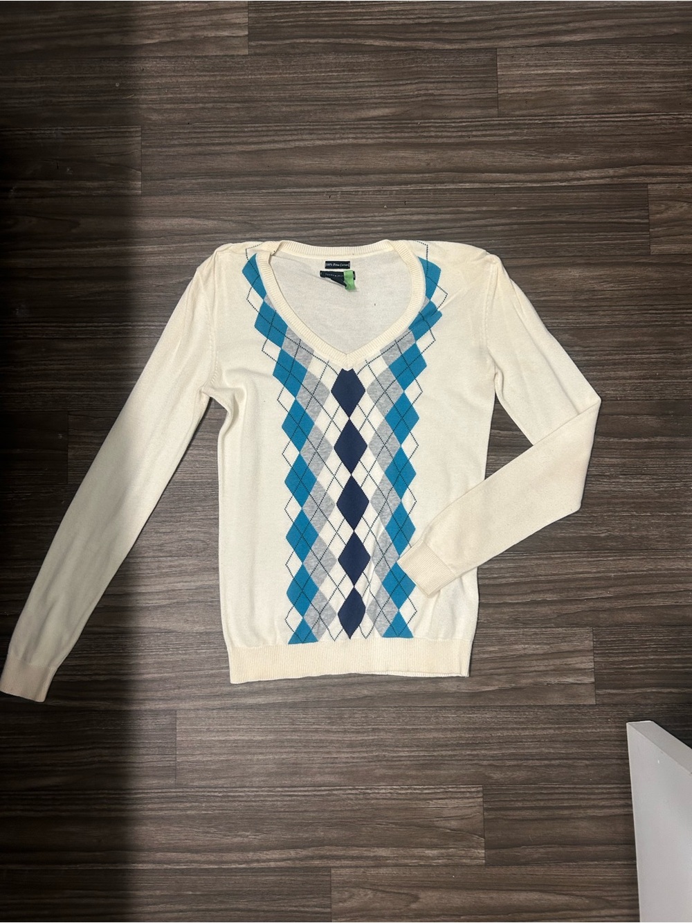 Tommy Hilfiger Cream V-Neck Argyle Sweater with Blue Accents